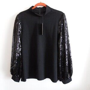 NWT Diane Gilman Black Knit Sequin Sleeve Top XL